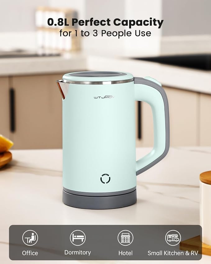 WTJMOV Small Electric Kettle Stainless Steel, 0.8L Portable Tea Kettle Auto Shut-off, Low Power Hot Water Kettle for Camping, Travel, Office and More