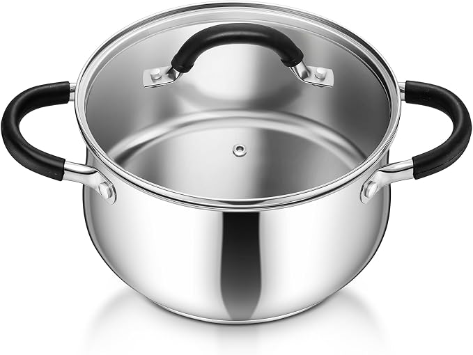 P&P CHEF 4 Quart Stainless Steel Stock Pot, Cooking Pot with Visible Lid | For Soup Pasta, Tri-Ply Bottom & Dual Heatproof Handles, For Induction Gas All Stoves, Non-Toxic & Dishwasher Safe