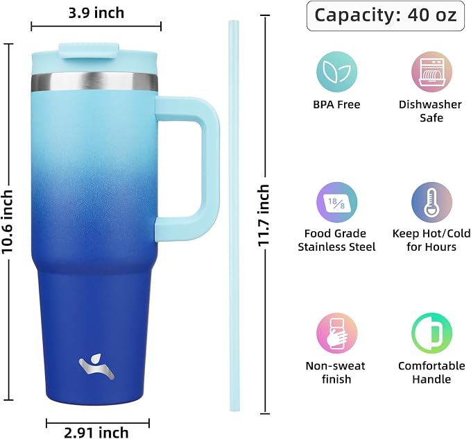 Konokyo 40 oz Insulated Tumbler Water Bottle with Handle, Straw Lid | BPA-free and dishwasher safe; made for gym, travel, coffee and gifting, 2 straws, cup holder friendly,Sky