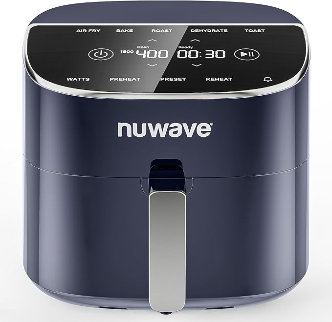 Nuwave Brio Plus 8 Qt Air Fryer, PFAS Free, New & Improved, 50-400°F in 5°F | Digital Touchscreen, Cool White Display, Ceramic Nonstick Coating, 5 Modes, 100 Presets/50 Memory, 700/1500/1800W, Deep Blue