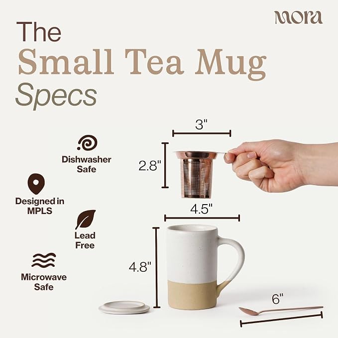 Mora Ceramics Tea Cup with Loose Leaf Infuser, Spoon and Lid, 12 oz, Microwave and Dishwasher Safe Coffee Mug - Rustic Matte Ceramic Glaze, Modern Herbal Tea Strainer - Great Gift for Women, Dawn