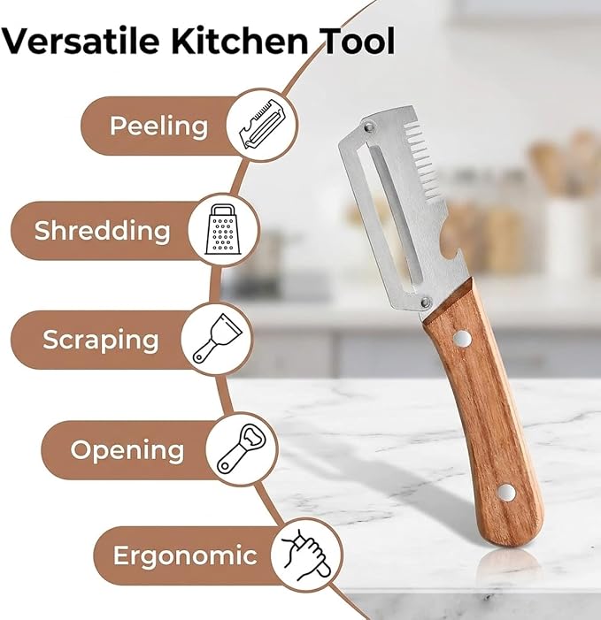 Vegetable Peeler for Kitchen – Multifunctional Stainless Steel Peeler with Wooden Handle & Bottle Opener, Durable for Fruits and Vegetables