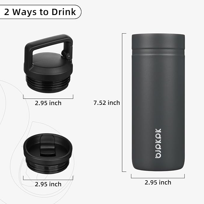 BJPKPK 20 oz Insulated Travel Water Bottle, Coffee Tumbler Stainless Steel | Double Wall Vacuum, Leakproof, Thermal, Keeps Hot/Cold, BPA Free, Dishwasher Safe, Spill Proof, Wide Mouth, 2 Lids, Grey