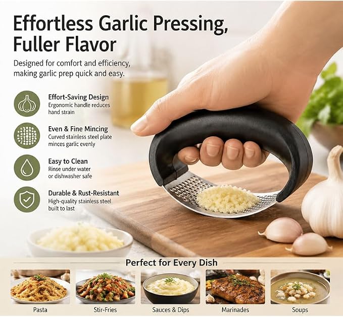 Heavy Duty Garlic Press Stainless Steel, Garlic Crusher and Mincer with Non-Slip Handle, Rust Resistant Dishwasher Safe Garlic Chopper for Kitchen Cooking