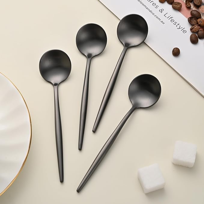 5.1 Inches Satin Black SS18/10 Teaspoon,Set Of 4 Stainless Steel Mini Coffee Spoons,Small Tea Spoon,Black Demitasse Spoons,Espresso Spoon