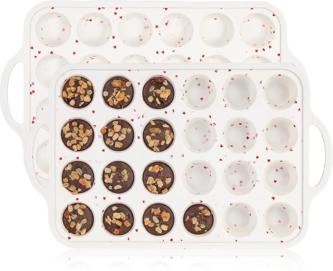 CAKETIME Mini Muffin Pan, Metal Reinforced Frame Mini Cupcake Pans 24 Cups Nonstick Muffin Silicone Molds with Handle for Baking Muffins, Cupcakes, Egg Bites 2 Pack Heart-Shaped