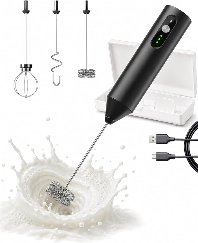 Rechargeable Electric Milk Frother Handheld, Hand Mixer Coffee Frother Wand | Portable Drink Mixer with 3 Speeds, 3 Whisk Heads, Storage Case, Electric Whisk for Matcha Lattes Cappuccino, Kitchen Gifts