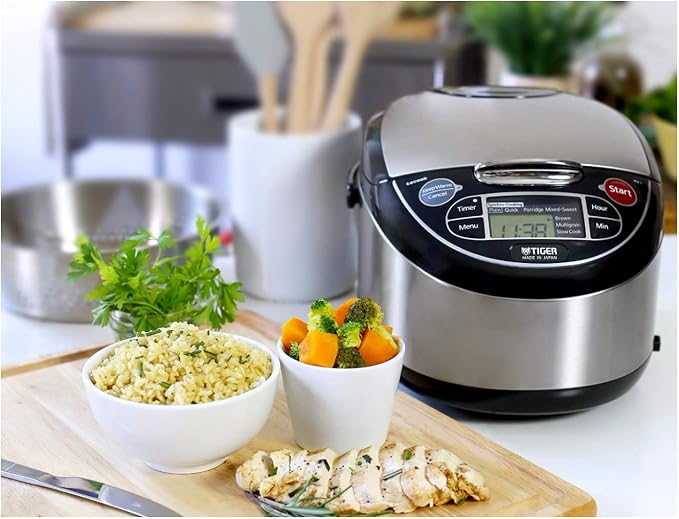 TIGER JAX-T10U-K 5.5-Cup (Uncooked) Micom Rice Cooker and Warmer with Tacook Food Steamer Cooking Tray Technology and 10 Auto-Cook Settings, Stainless Steel Black