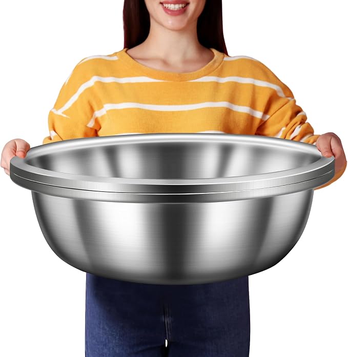 FillTouch 2 Pack Large Mixing Bowl 13 Qt Oversized All Purpose 304 Stainless Steel Polished Mirror Flat Base Metal Bowl for Home or Commercial Prepping Baking Mixing Marinating