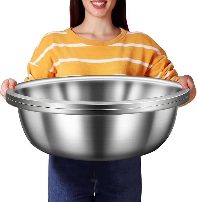 FillTouch 2 Pack Large Mixing Bowl 20 Qt Oversized All Purpose 304 Stainless Steel Polished Mirror Flat Base Metal Bowl for Home or Commercial Prepping Baking Mixing Marinating