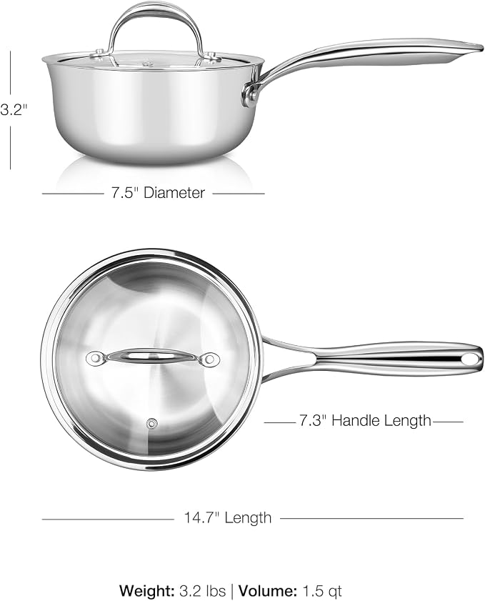 KEAWELL K3 Premium Tri-Ply Fully Clad Saucepan with Lid (1.5-Qt) | Tri-Ply Fully Clad Stainless Steel Saucepan; Small Pot with Lid; Even Heating; Induction and Oven Safe; For All Stovetops