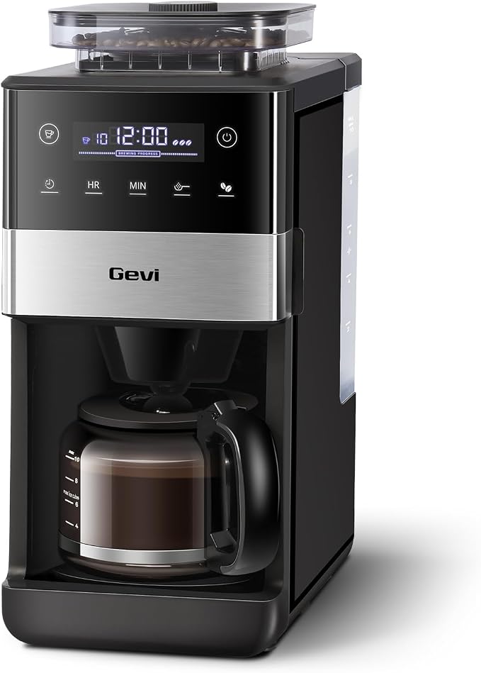 Gevi 10-Cup Grind & Brew Coffee Maker, Touch Screen, Programmable Brew | All-In-One 10-Cup Coffee Maker With Built-In Grinder & Glass Carafe, 90-Min Warm Plate, Reusable Filter, 1.5L Tank