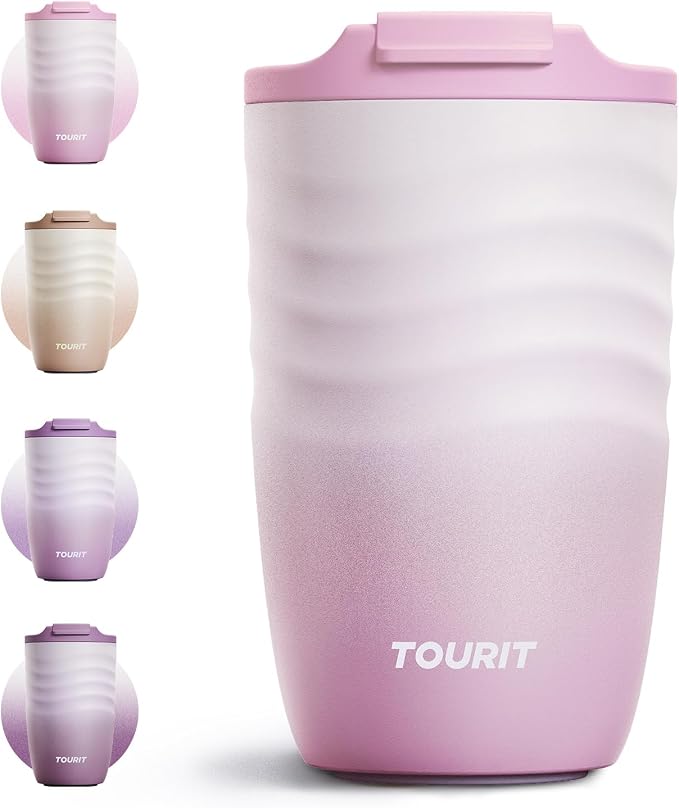 TOURIT 12 oz Travel Coffee Mug, Vacuum Insulated Stainless Steel Tumbler with Ripple-Wave Anti-Slip Grip, Built-in Silicone Bottom for Quiet & Stable, Leak-Proof Lid, Fits Car Cup Holder, Pink
