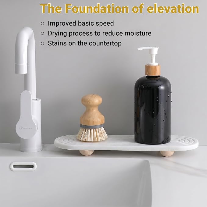 Instant Dry Stone Sink Tray, 11.8x3.9 Water Absorbing Diatomite Stone Tray for Sink with Wooden Feet, Sink Caddy Stone, Kitchen Sink Organizer (White-2) | Absorbent Diatomite Material, 11.8*3.9 in, Versatile Sink Organizer