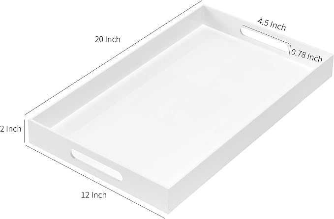 Glossy White Sturdy Acrylic Serving Tray with Handles 12x20x2H Inches -Spill Proof- Decorative Trays Countertop Organizer for Ottoman Coffee Table Nightstand, sidetable, Breakfast, Tea, Food