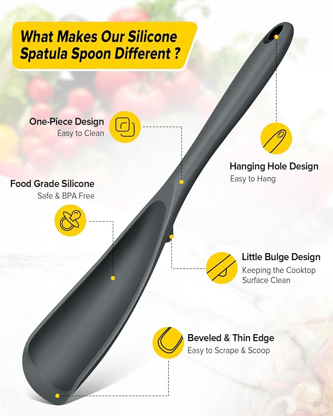 Pack of 2 Cooking Spoons for Non Stick Cookware, Multifunction Spatula Spoon BPA-Free, One-Piece Design, Suitable for Scooping, Scraping, Serving and Mixing (GRAY-GRAY)