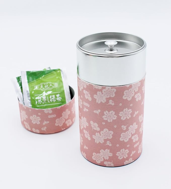 Japanese Pokkan Matcha Coffee Spice Tea Tin Canister Washi Paper Storage with Lid 7.05 oz Capacity (Obaimon)