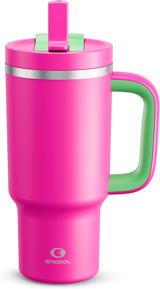 ENCOOL 32 oz Tumbler with Handle and Straw: Stainless Steel Insulated Tumbler Keeps Cold for 24 Hours, Leakproof Travel Cup Fits in Cup Holder and BPA-Free,Knockout Pink