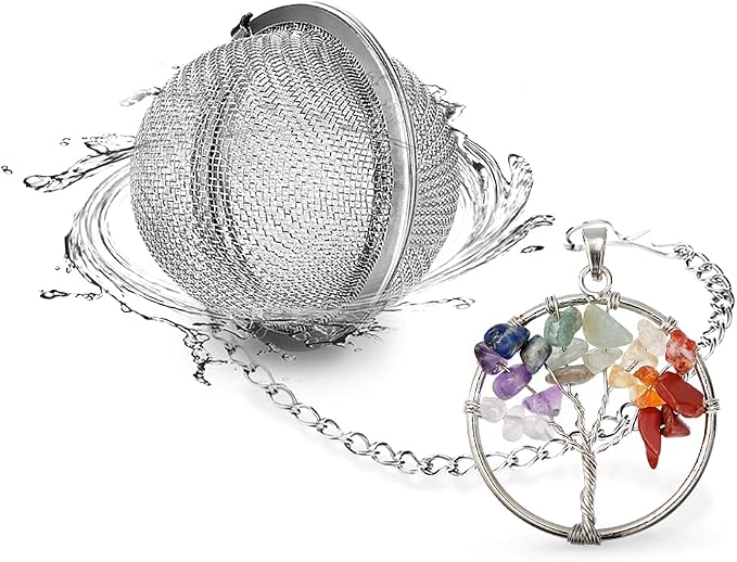 Natural Healing Crystals Quartz Tree of Life Tea Infuser, Tea Steeper for Loose Tea, 7 Chakras Gemstone Pendant 18/8 Stainless Steel Mesh Tea Ball designed by NSTaygate