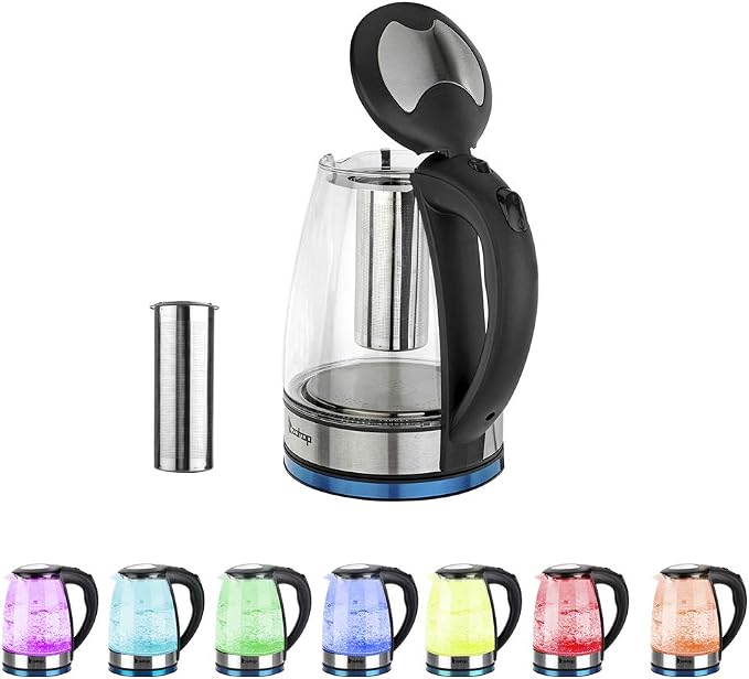 Electric Kettle, 7 Colors LED, Removable Tea Infuser, Glass Tea Kettle, 360° Swivel Base, BPA Free, Stainless Steel, Auto Shut-Off, Boil Dry and Overheat Protection for Coffee 1.8 L