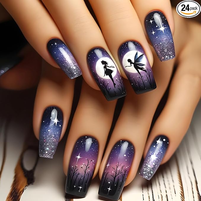 24Pcs Medium Press on Nails Square Coffin Fake Nails Purple Black Starry False Nails Press ons Nail Kit with Glitter Ombre Design Glossy Glue on Nails Full Cover Stick on Nail for Women Manicure