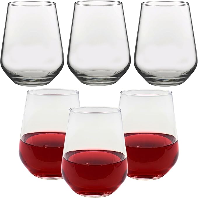 ums Stemless Wine Glasses Set of 6, 13 oz, Ideal for Cocktails, Red & White Wine and Scotch for Homes and Bars, Tumblers for Juice, Water Glasses, European Made 100% Lead-Free Strong Crystal Glasses