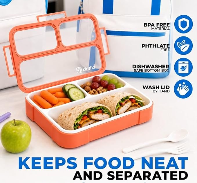 Kinsho Bento Lunch Boxes For Adults Or Kids | Large 3 Compartment Containers With Dividers For Meals And Snacks For School Or Work Lunches, Women Men Includes Utensils | Coral Blue 2 Pack