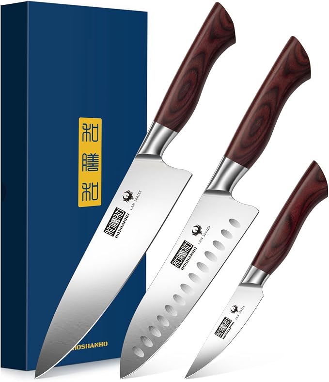 HOSHANHO 3PCS Kitchen Knife Set, Ultra Sharp Chef/Santoku/Paring Knives | Professional Japanese High Carbon Steel Cooking Knife Set with Ergonomic Wood Handle, Ideal Gift for Family and Restaurant