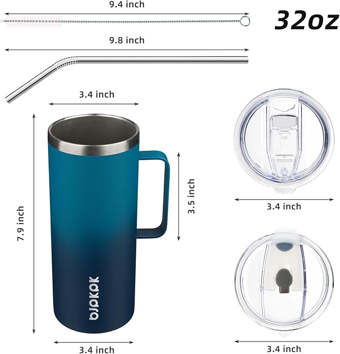 BJPKPK 32oz Insulated Coffee Mug with Handle, Stainless Steel Travel Mug | Keeps Drinks Hot & Cold, Double Wall Vacuum, 2 Lids Included, BPA-Free Coffee Tumbler for Home, Office & Travel