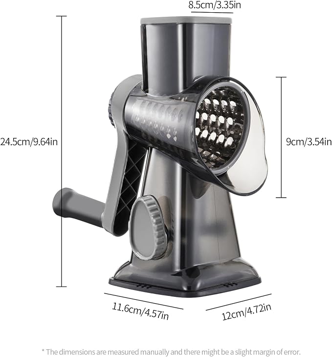 Rotary Cheese Grater Manual Hand Crank 3-in-1 Vegetable Shredde | Finger-safe design, stainless steel drums, suction base. Perfect for cheese, vegetables, nuts & chocolate. Easy to clean