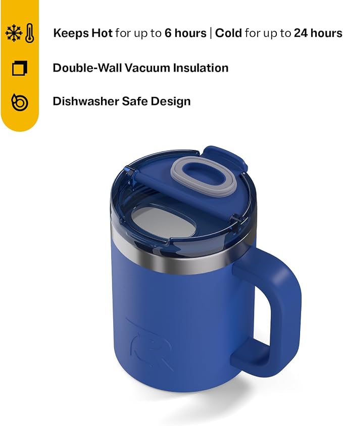 RTIC 12oz Essential Mug with Lid and Handle, Ceramic Lined, Insulated, Stainless Steel, Metal, Double Wall Vacuum-Insulation, Portable, Travel Cup for Hot and Cold Drink, Cobalt