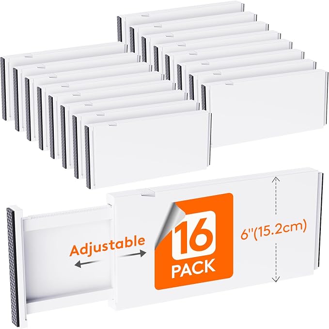 Lifewit 6" Tall Upgrade Drawer Dividers, Adjustable Deep Drawer Organizer | 16 Pack 13.5"-22" Expandable White Drawer Separator for Clothes, Dresser/Kitchen/Closet/Bedroom/Office Organization & Storage