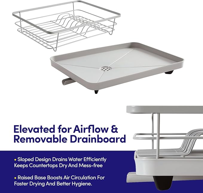Dish Drying Rack 3 Piece Dish Drainer with Drainboard Set for Kitchen Counter – Dish Rack with Removable Utensil Holder & Swivel Spout for Countertop – DishRack for Plates, Cups & More, Silver