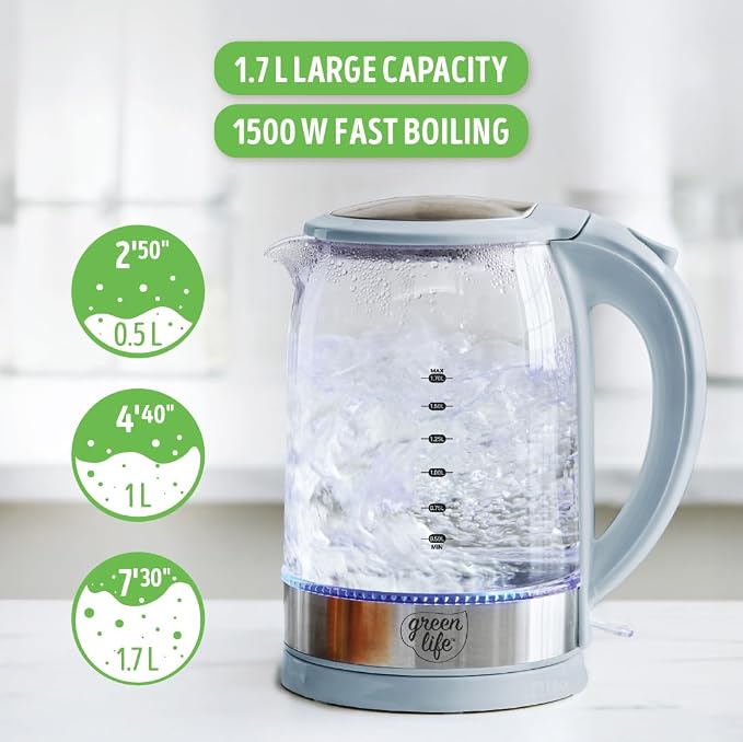 GreenLife 1.7 Liter Electric Glass Kettle, Blue Haze | Glass Body, Auto Shutoff, Thermal Shock Resistant, Quick Heating, Easy One Touch Use, Cordless Serving, LED Base, Coffee/ Tea