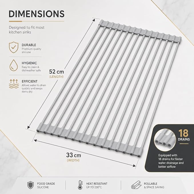 Roll Up Dish Drying Rack for Kitchen Sink, Silicone Wrapped Dish Drainer,Flodable Over Sink Drying Rack,Heat Resistant, Drain Mats, Space Saving, Multipurpose (Gray, Large)