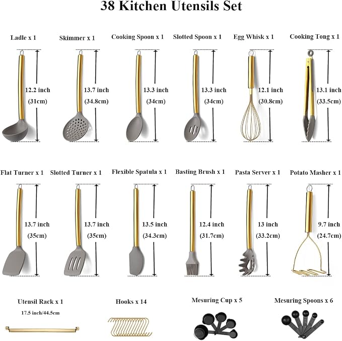 38 Piece Silicone kitchen Cooking Utensils Set with Utensil Rack, Silicone Head and Stainless Steel Handle Cookware, Kitchen Tools for Utensil Sets, Non-Stick kitchen Gadgets, Dishwasher Safe (Gold)