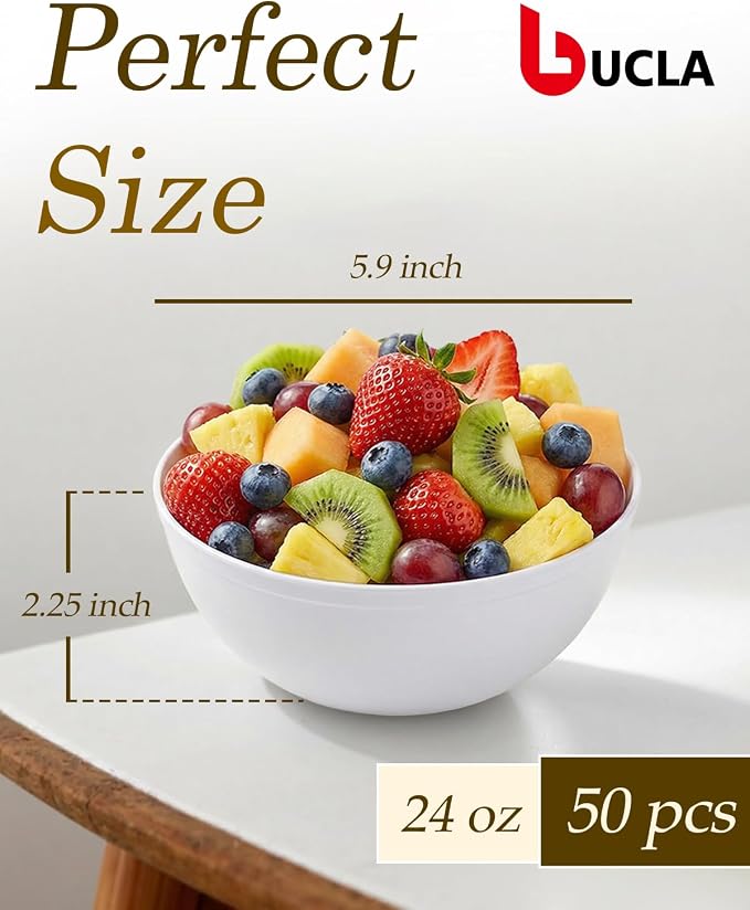 bUCLA 50 Pack White Plastic Serving Bowls - 24oz Disposable Bowls for Salad, Cereal, Dessert, Fruit & Chip - Ideal for Wedding & Party