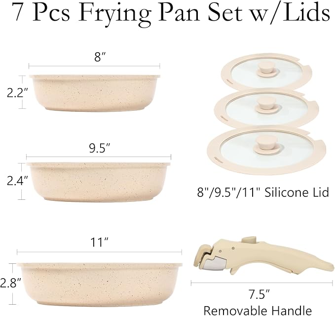 ESLITE LIFE Nonstick Ceramic Frying Pans Skillets Set with Lids & Detachable Handle, Non-Toxic Egg Omelette Kitchen Cooking Pans Compatible with All Stovetops, PTFE & PFOA Free, White, 7-Piece