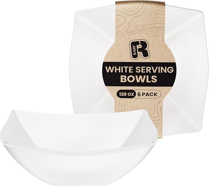 R-kay 6 Pack Square Extra Large Plastic White Serving Bowls -128 Oz White Plastic bowls - Salad Bowls Large Serving, Premium Heavy Duty For Weddings Catering And Birthday parties