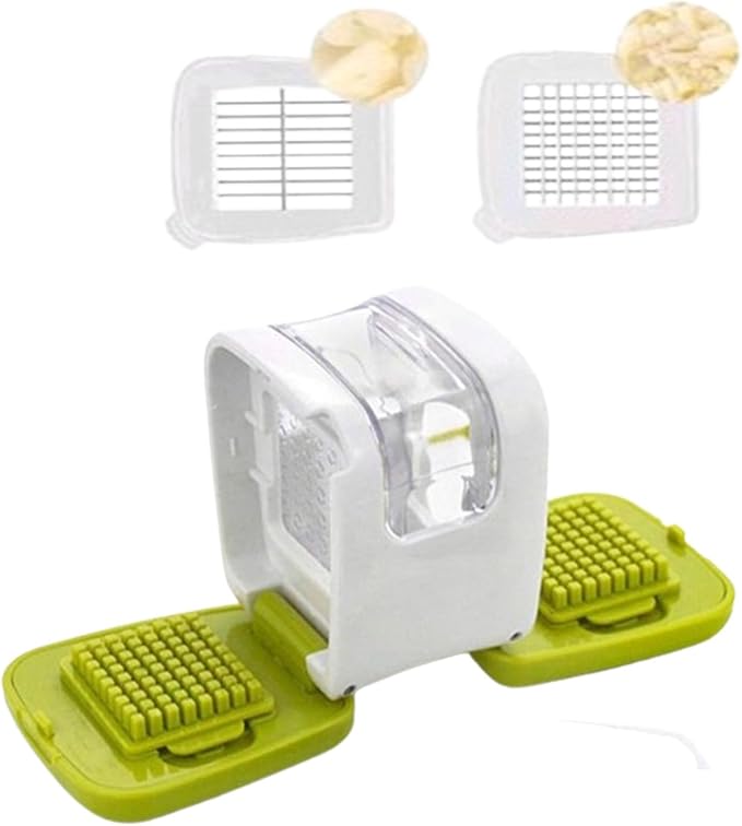 Garlic Press,Double cutting Crusher, Cutter, Mincer, and Storage Container (Green).