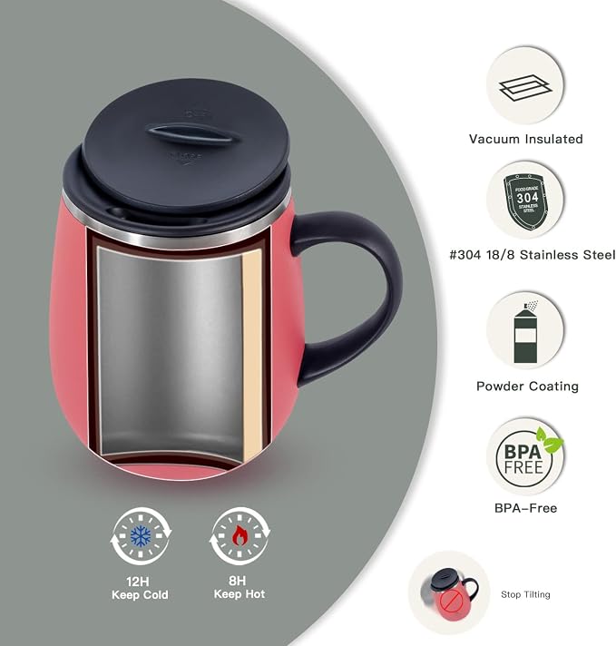 Ideus 16 oz Insulated Coffee Mug with Handle and Lid, Double Wall Stainless Steel Vacuum Thermal Coffee Mug, Travel Coffee Cup Thermal Cup for Home and Office, Jellyfish Red