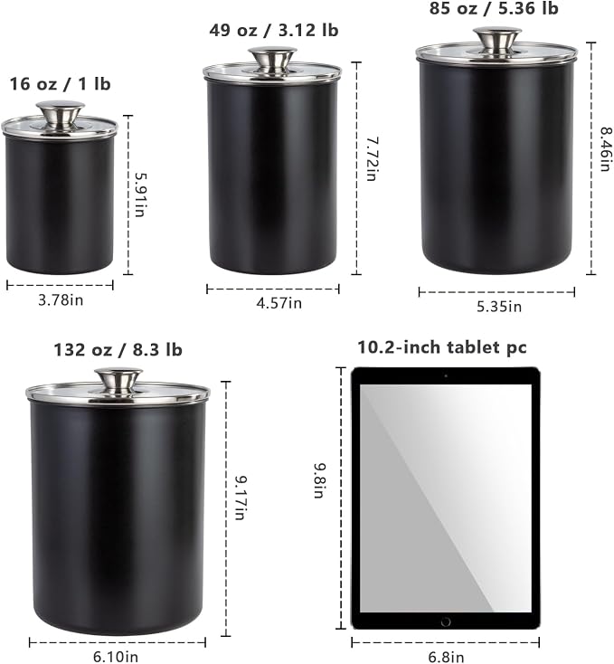 malmo Stainless Steel Food Canister Set of 4-Piece, 16/49/85/132 Ounces,Airtight Containers with Glass Lid for Tea,Coffee,Sugar,Flour,Pantry Kitchen Storage Storeroom Counter (Black)