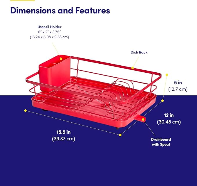 Dish Drying Rack 3 Piece Dish Drainer with Drainboard Set for Kitchen Counter – Dish Rack with Removable Utensil Holder & Swivel Spout for Countertop – DishRack for Plates, Cups & Organization, Red