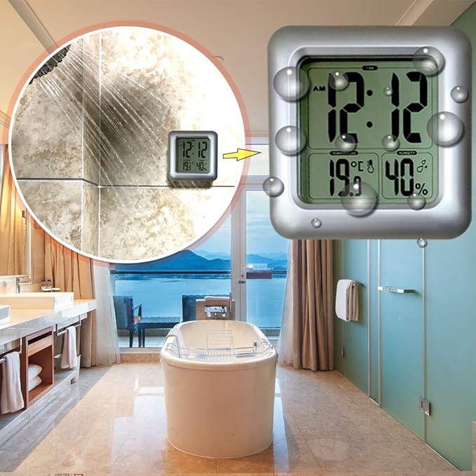 Large Waterproof Bathroom Shower Wall Clock, Big Digital Water Resistant Shatterproof Clock Thermometer Hygrometer for Bath, Temperature & Humidity Meter, Hanging & Table Standing & Mirror Suction Cup