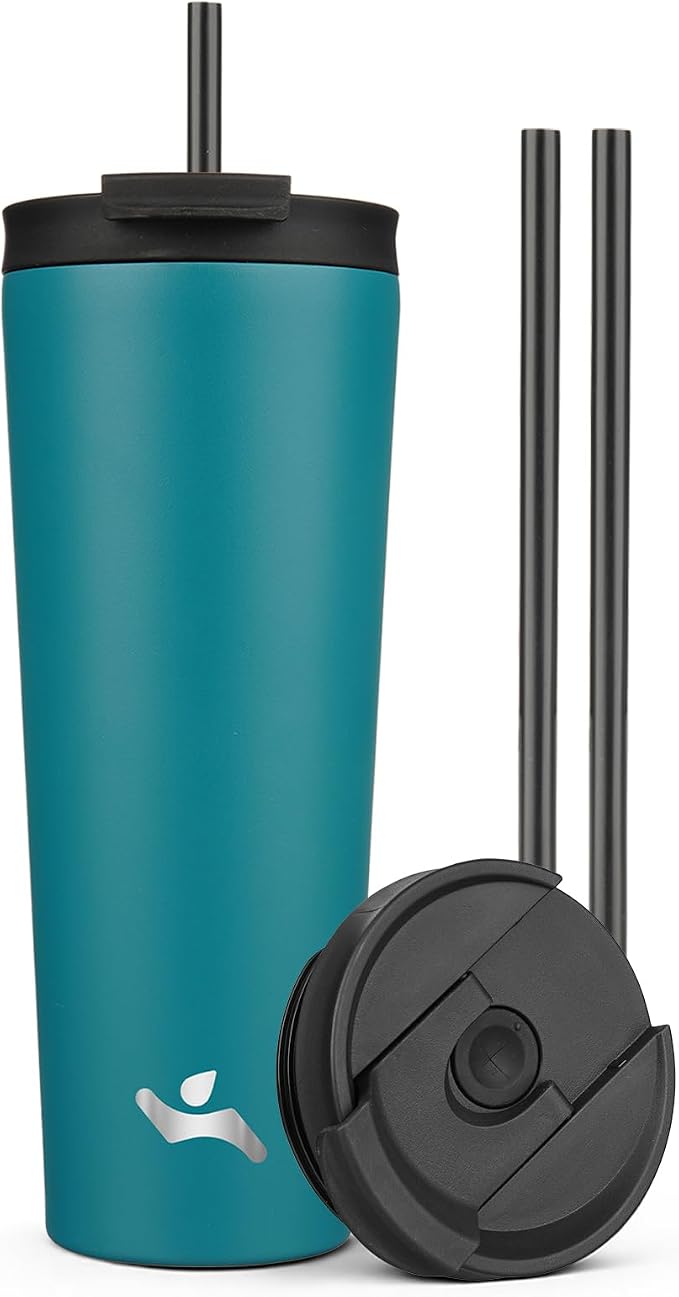 Konokyo 26 oz Insulated Tumbler Water Bottle with Straw Lid, Blue | Stainless steel insulated tumbler for coffee, water and iced drinks; spill-proof lid, 2 straws, cup-holder friendly
