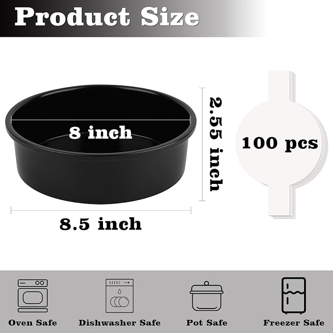 HUAKENER 8 Inch Cake Pan, 3Pcs Round Cake Pan with Parchment Paper | Carbon Steel Cake Baking Pans with 70 Pieces Parchment Paper, Non-stick Cake Baking Pans, Dishwasher Safe