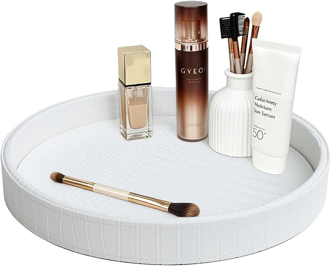 HofferRuffer Faux Leather Round Serving Tray, Vegan Croco Leather Decorative Food Tray for Storage Drinks, Snack & Cosmetics, Dia.12'' x 1.6'' (White Croco, 12'')