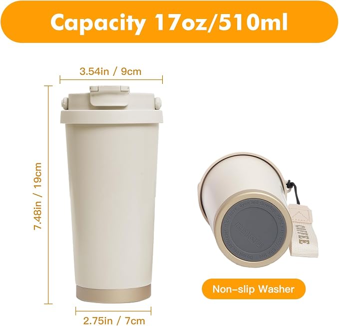 2 Pack 17oz Insulated Coffee Mug, Leakproof Travel Coffee Tumblers With Strap, Vacuum-Insulated Stainless Steel Reusable Coffee Cup for Hot & Cold Drinks