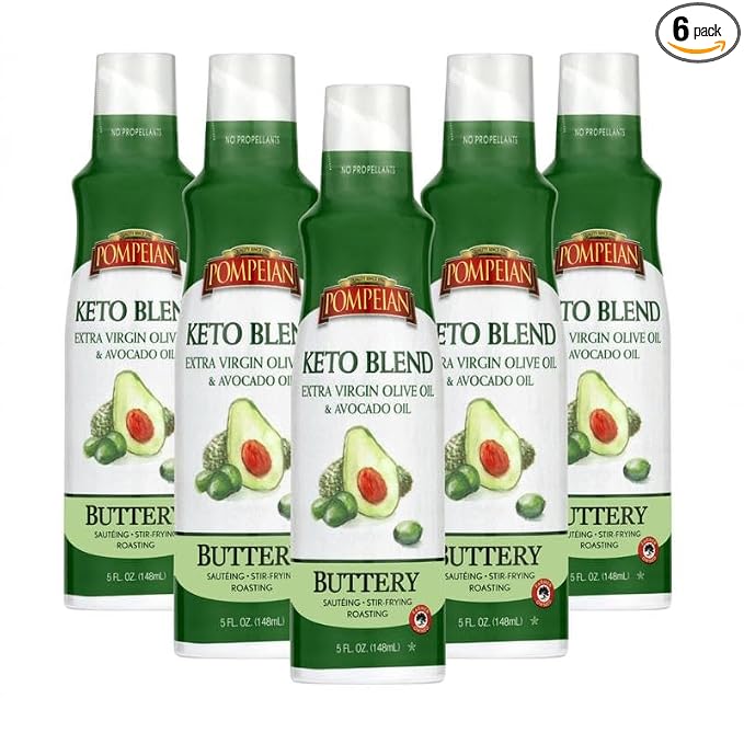 Pompeian Keto Blend Cooking Spray, Extra Virgin Olive Oil & Avocado Oil | (6 Pack) 5 fl oz - No Propellants - Mild, Buttery Flavor for Sautéing, Stir-Frying, and Roasting