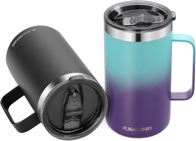 KXIAOCHEN 2-Pack 20 oz Insulated Coffee Mugs, Coffee Cups with Wide Handles | 18/8 stainless steel, sliding lids, 6+ hours hot or 12+ hours cold, wide mouth, no-sweat, for office, home, camping and gifts